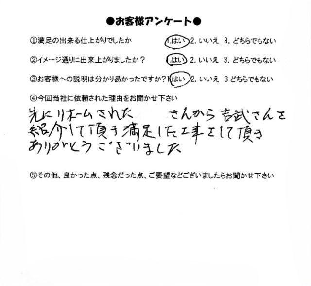 TOTO　お風呂　洗面化粧台　リフォーム 介護改修工事をご依頼くださったお客様のアンケ－ト